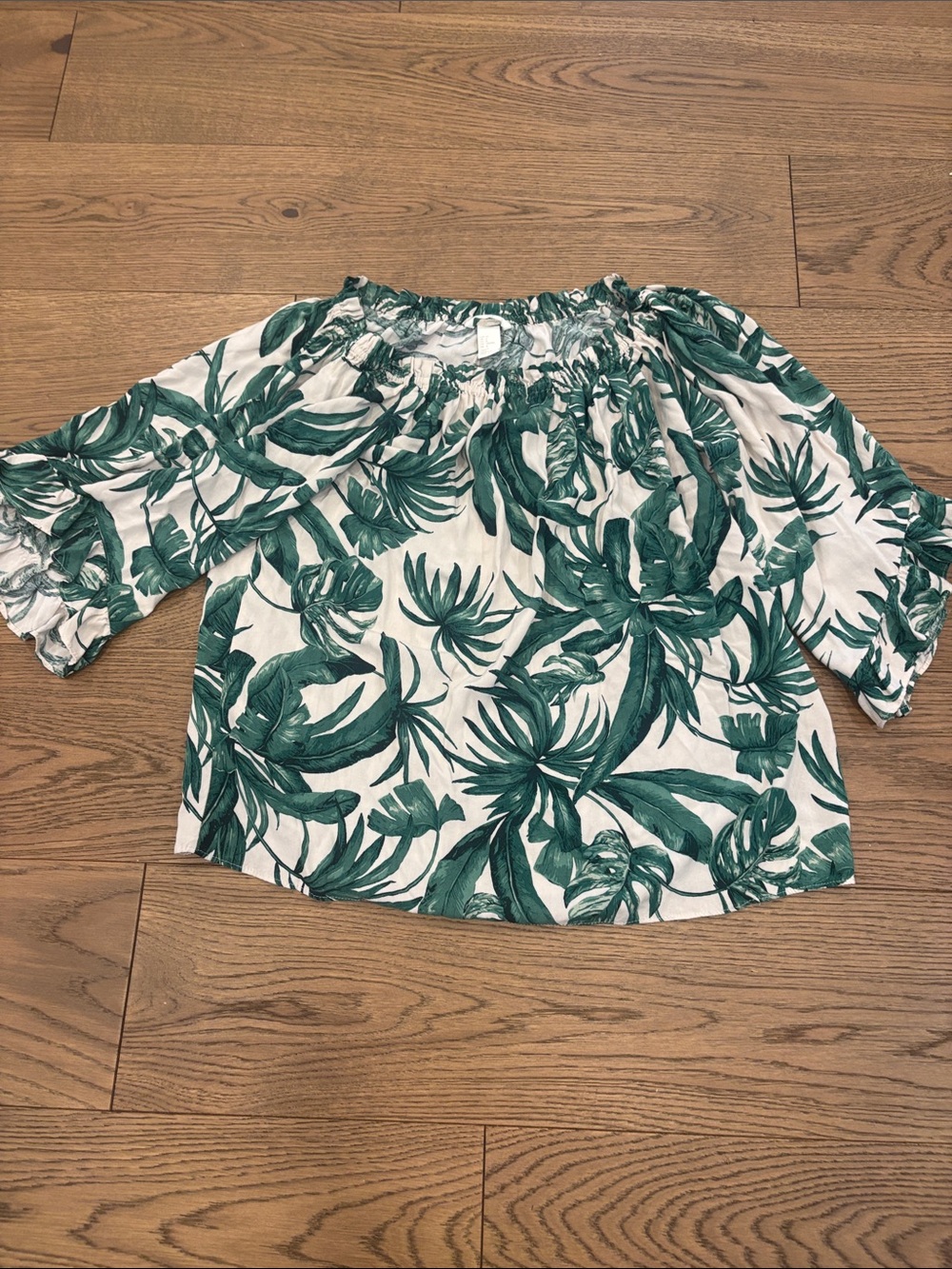 H&M White Off-Shoulder Top with Green Tropical Leaf Print